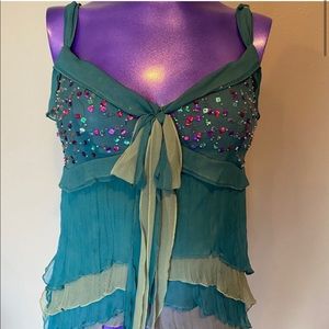Y2K pleated + ruffle sequin silk tank top